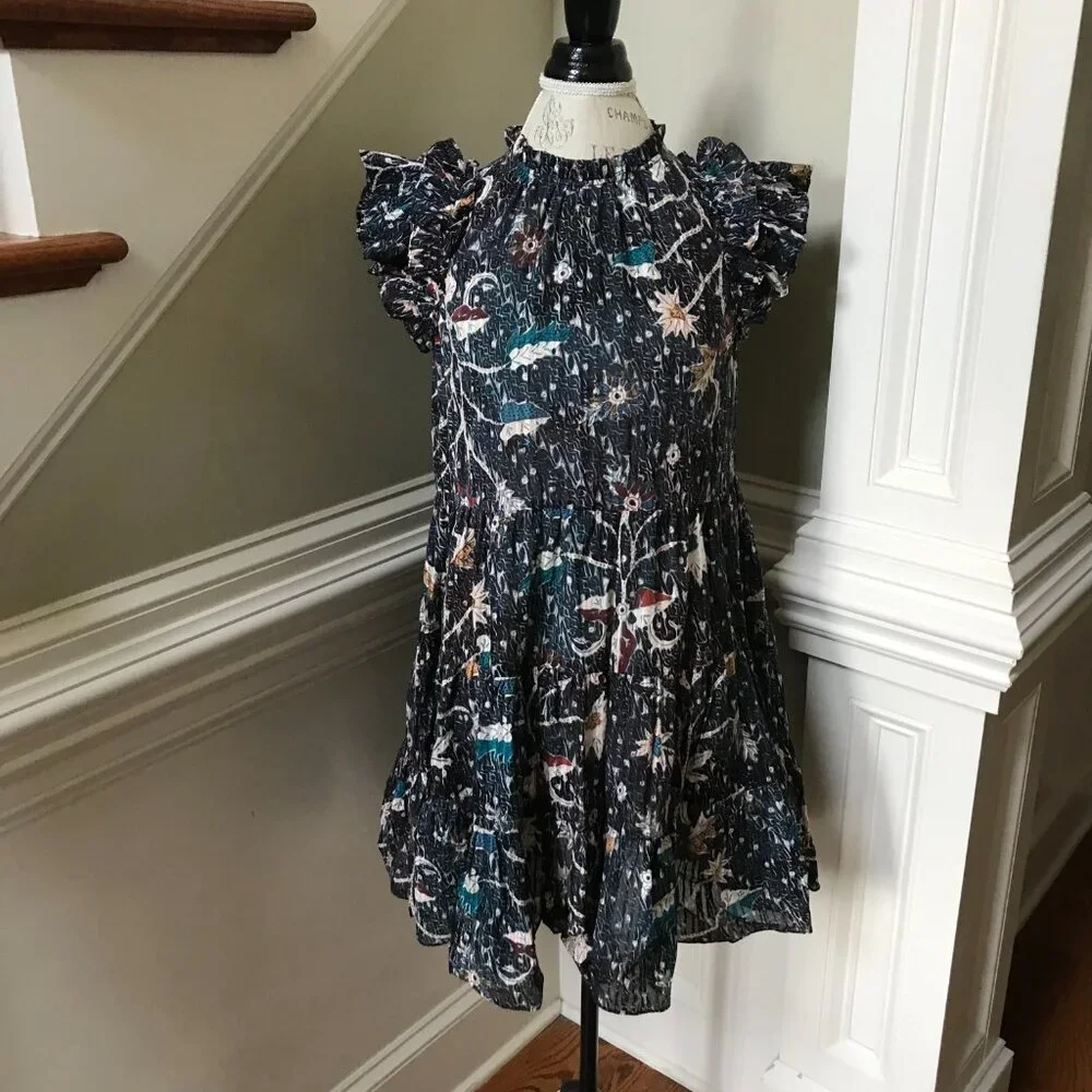 Ulla Johnson Denia Mini Dress Womens 2 Blue Cream Floral Print Flutter Sleeves - Picture 4 of 14